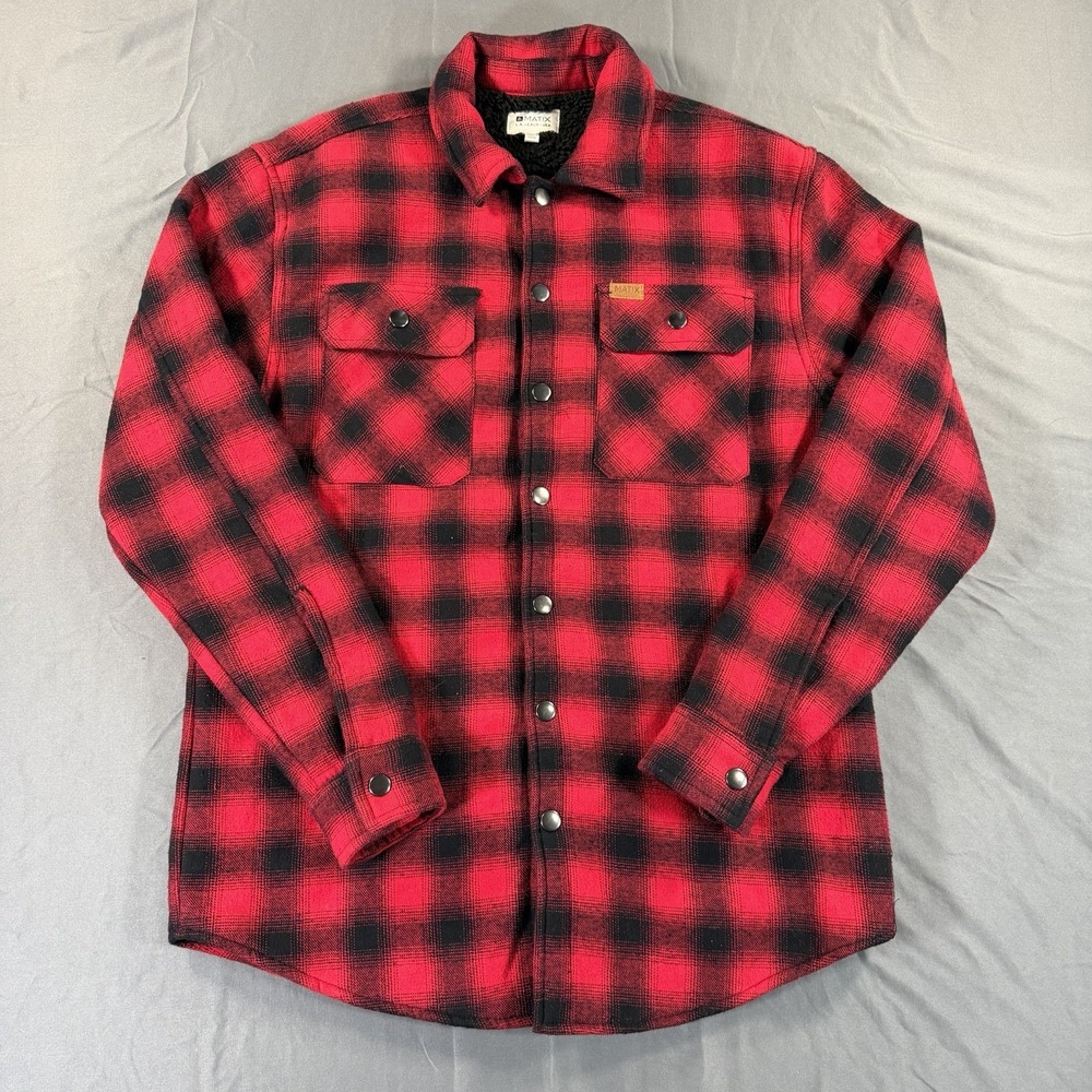 Matix‎ Sherpa Flannel Snap Jacket Red Mens S Ombre Plaid Workwear Shacket Pocket